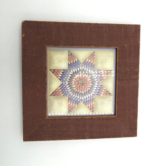 Set 2 Rustic Quilted Pattern Wall Art 7.5" Wooden Frames Large Star Dahlia - Picture 2 of 10